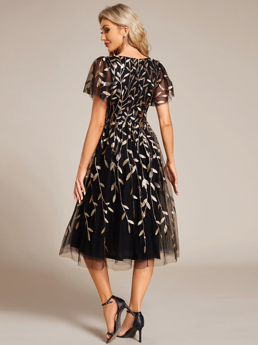 Color=KG | Exquisite Midi Length Ruffles Sleeve Tulle Sequin Dresses with Embroidery