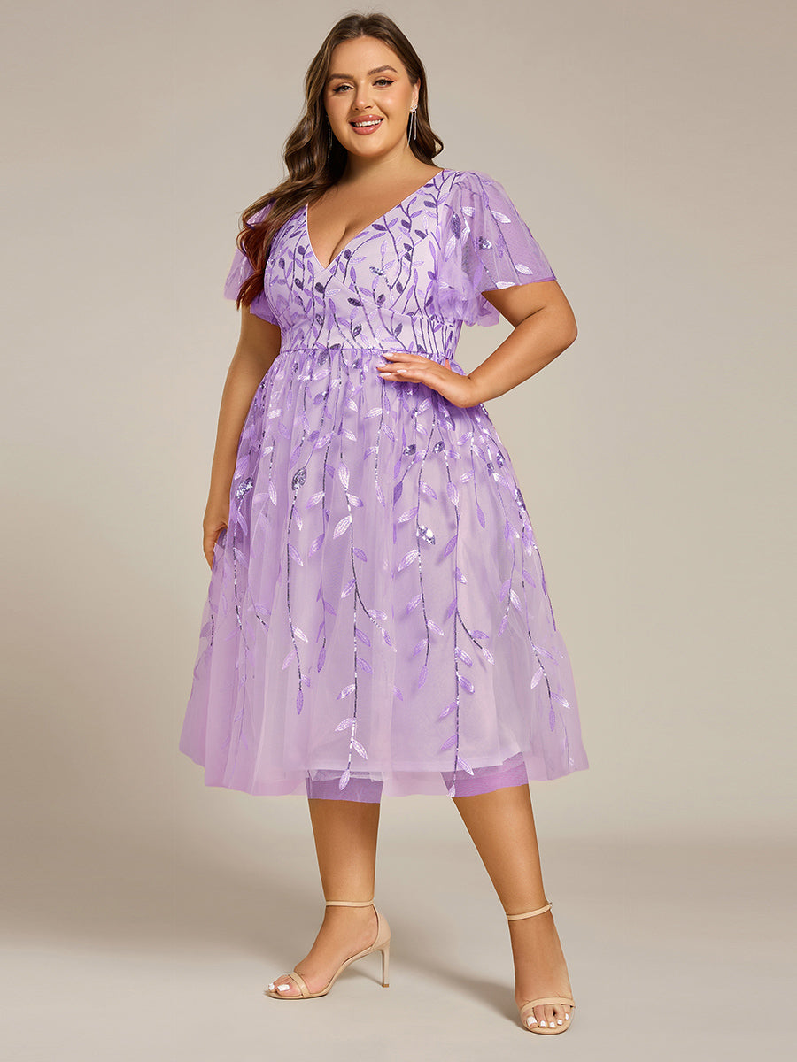 Color=Lavender | B2B-Exclusive Short Sleeve Ruffle Floral Embroidery A-Line Midi Wedding Guest Dresses-Lavender 10