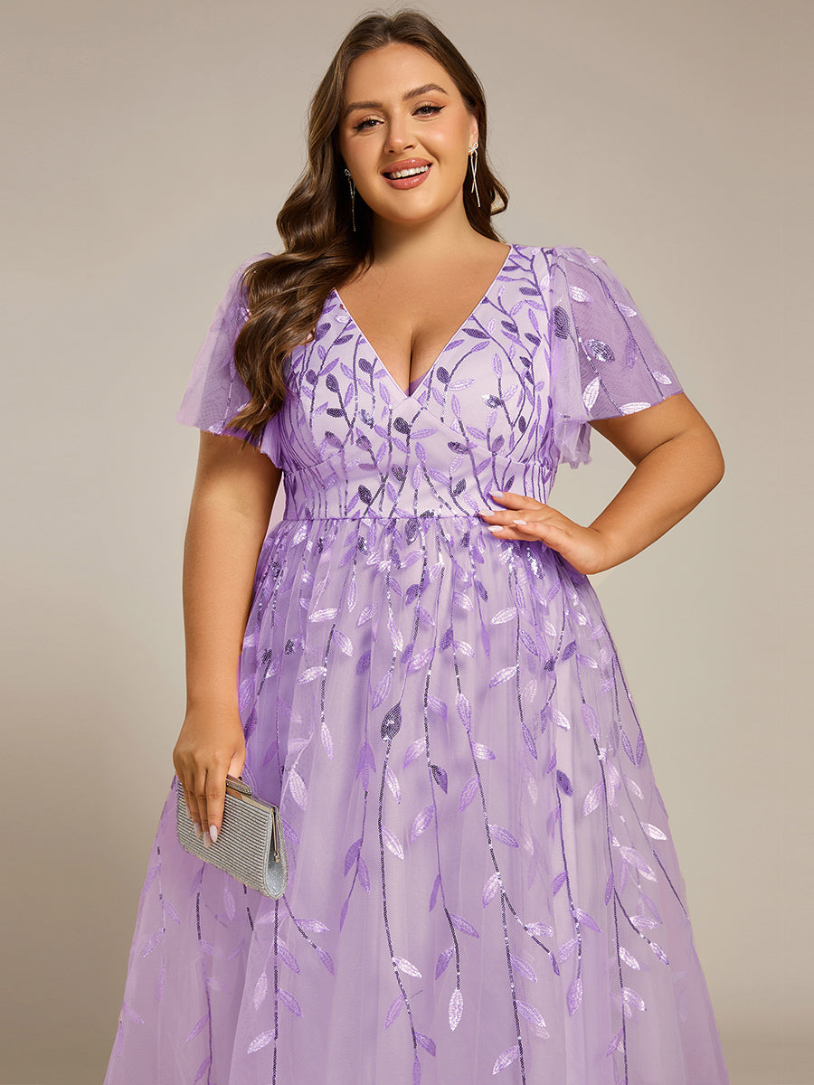 Color=Lavender | B2B-Exclusive Short Sleeve Ruffle Floral Embroidery A-Line Midi Wedding Guest Dresses-Lavender 8