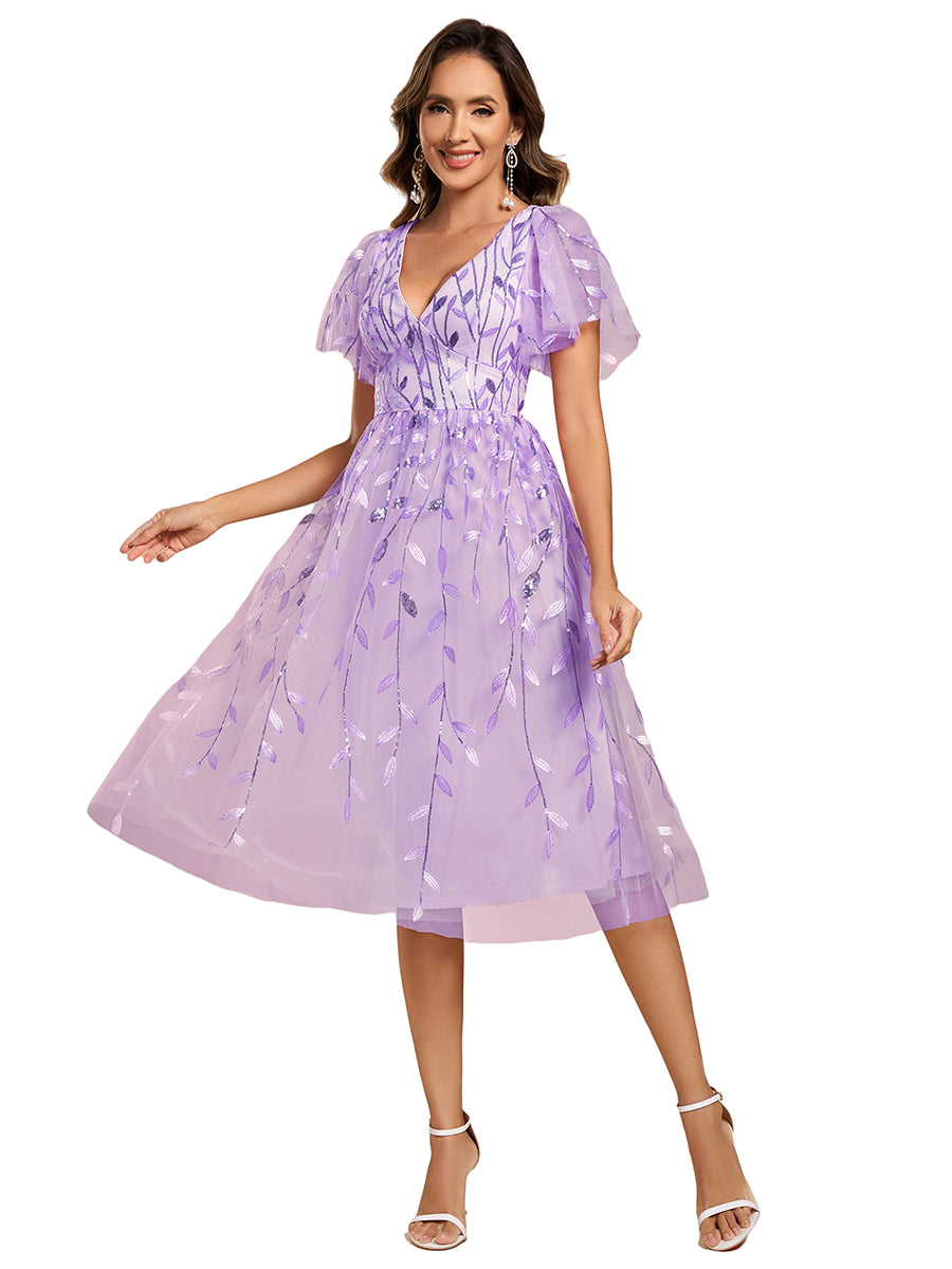 Color=LV | Exquisite Midi Length Ruffles Sleeve Tulle Sequin Dresses with Embroidery