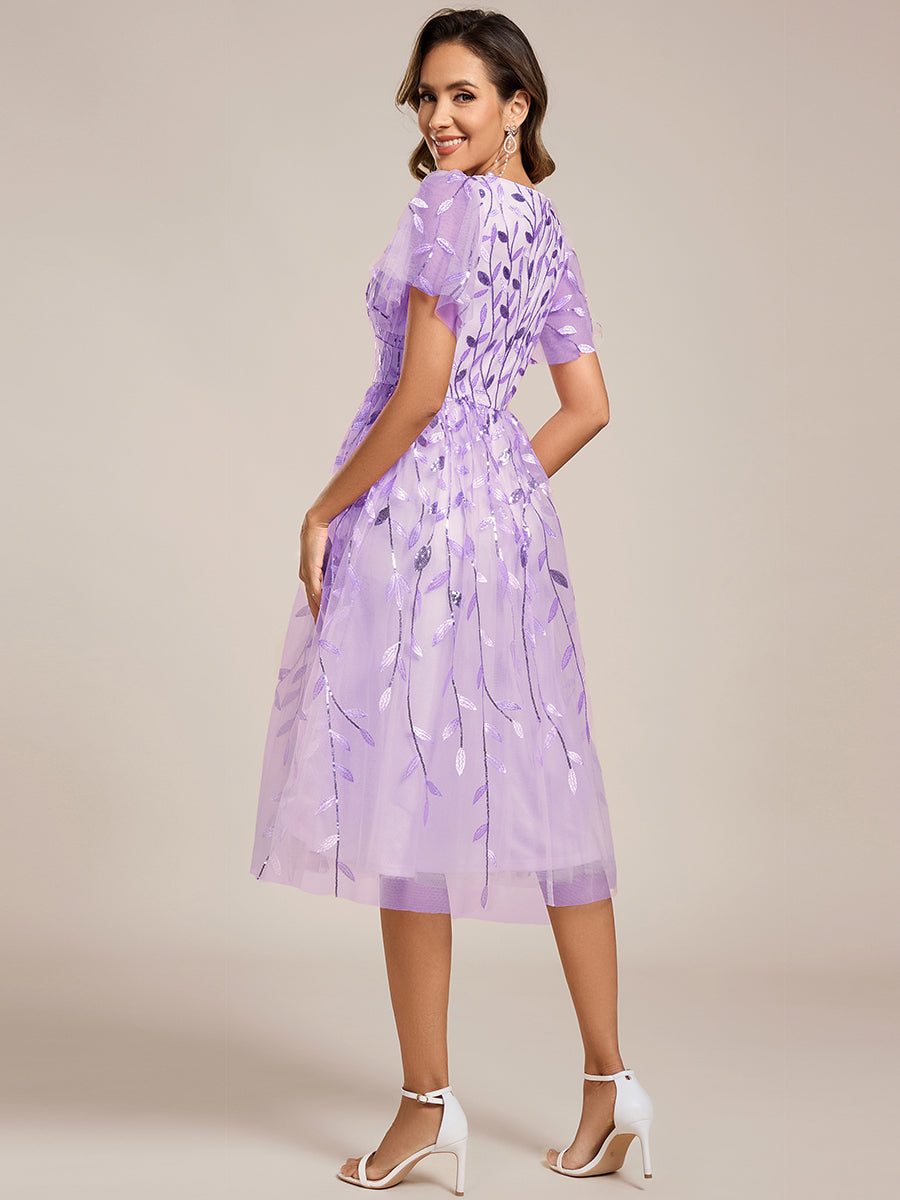 Color=Lavender | B2B-Exclusive Short Sleeve Ruffle Floral Embroidery A-Line Midi Wedding Guest Dresses-Lavender 2
