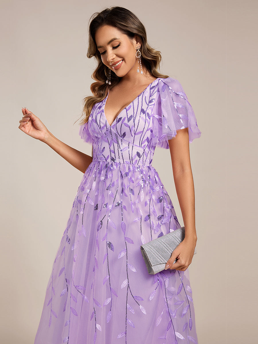 Color=Lavender | B2B-Exclusive Short Sleeve Ruffle Floral Embroidery A-Line Midi Wedding Guest Dresses-Lavender 3