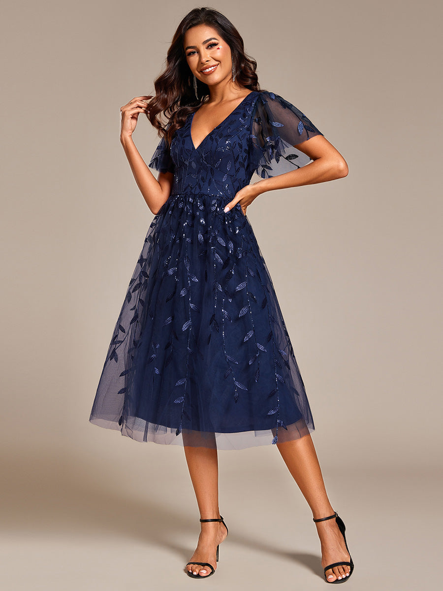 Color=NB | Exquisite Midi Length Ruffles Sleeve Tulle Sequin Dresses with Embroidery