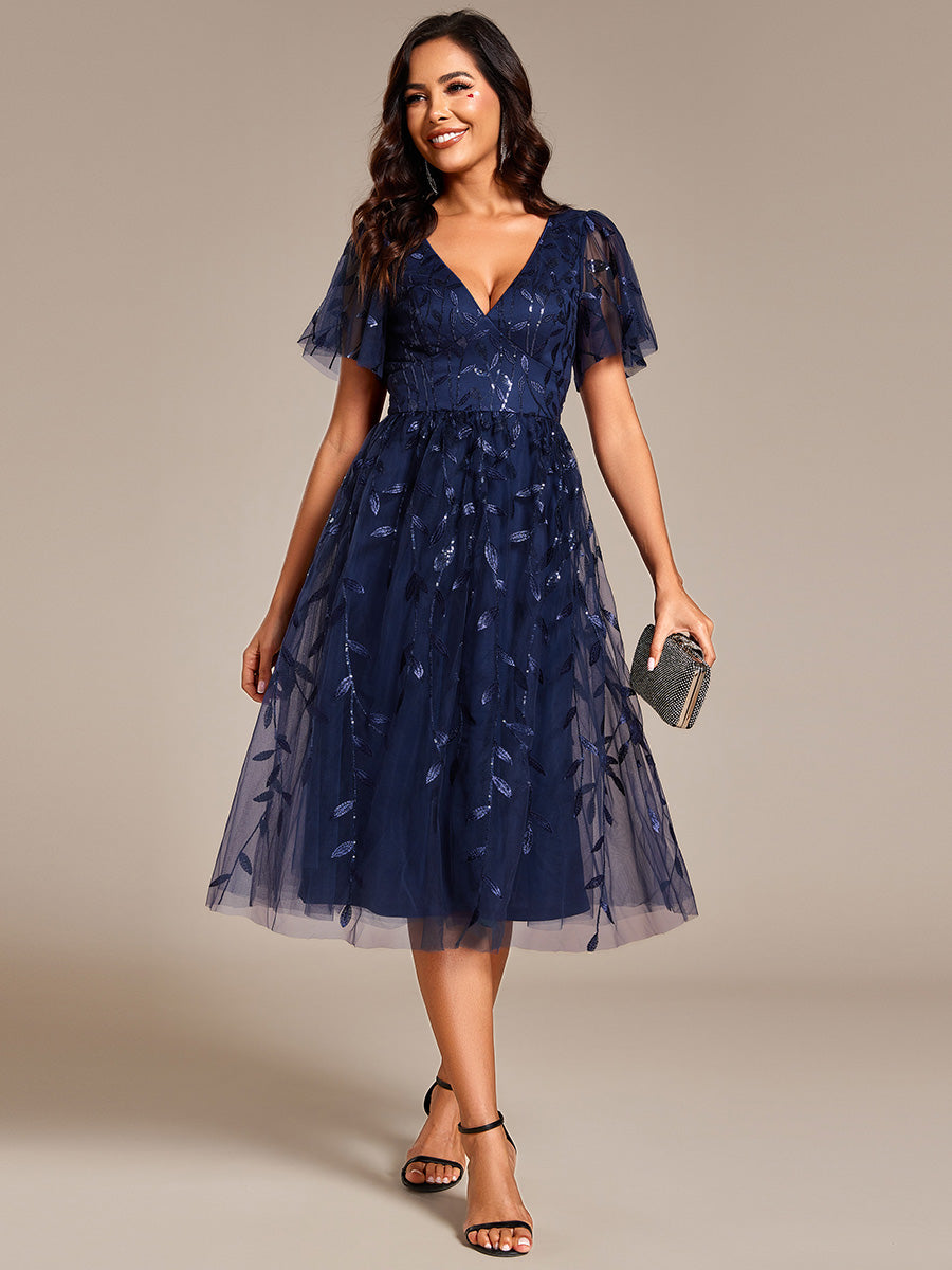 Color=NB | Exquisite Midi Length Ruffles Sleeve Tulle Sequin Dresses with Embroidery