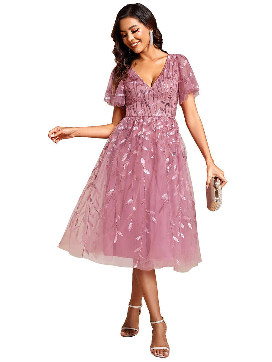 Color=OD | Exquisite Midi Length Ruffles Sleeve Tulle Sequin Dresses with Embroidery