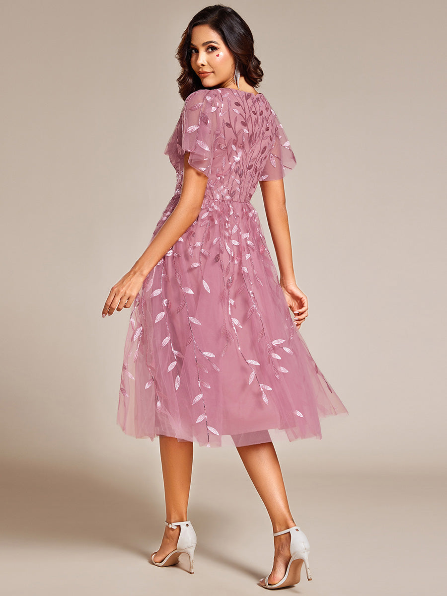 Color=OD | Exquisite Midi Length Ruffles Sleeve Tulle Sequin Dresses with Embroidery