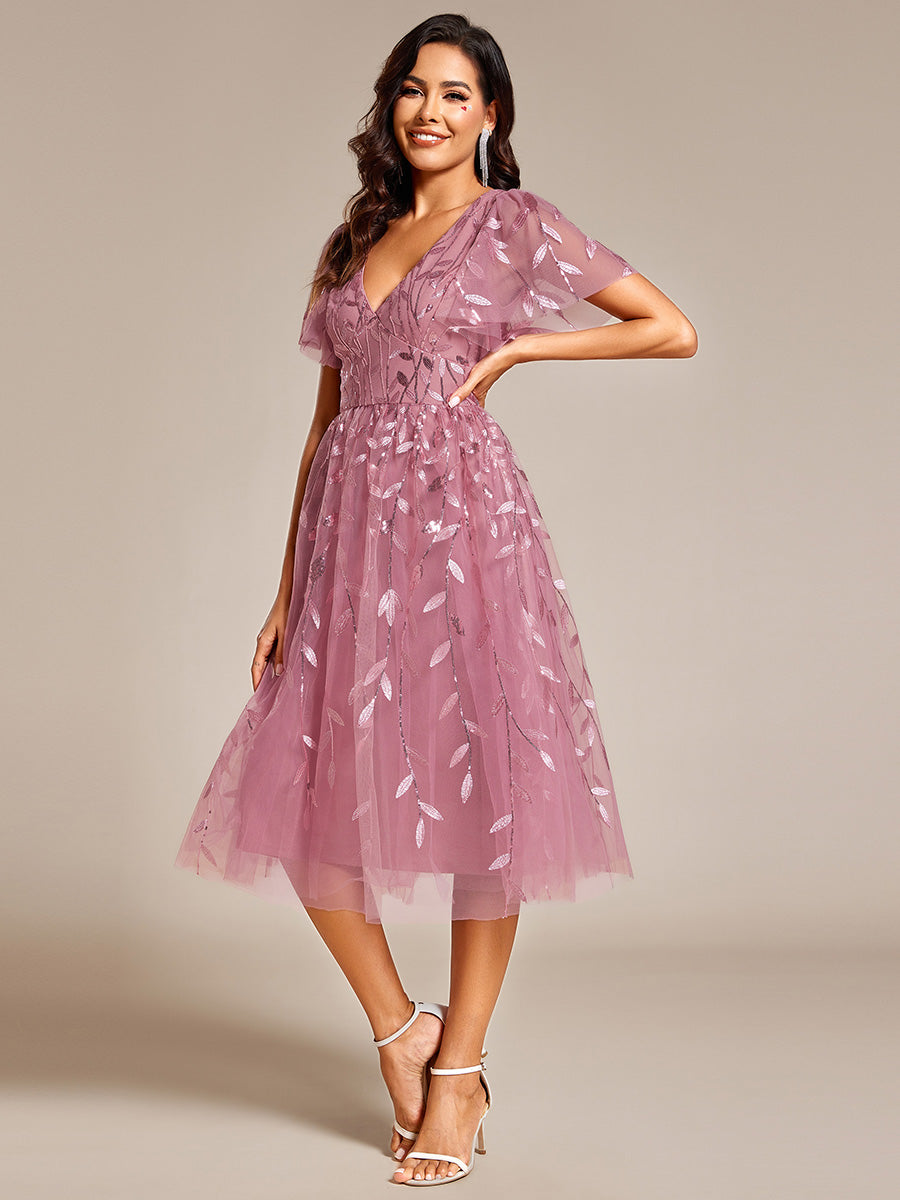 Color=OD | Exquisite Midi Length Ruffles Sleeve Tulle Sequin Dresses with Embroidery