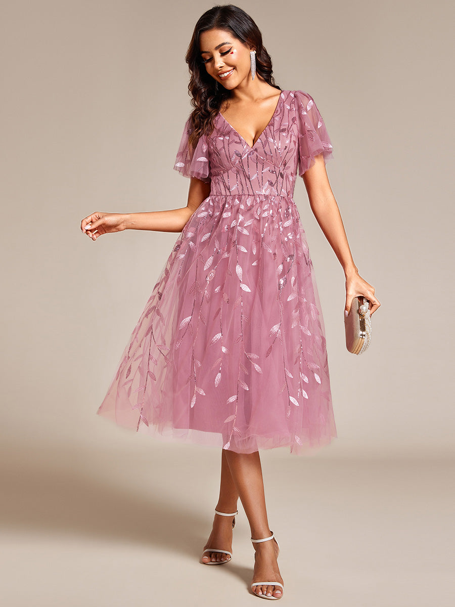 Color=OD | Exquisite Midi Length Ruffles Sleeve Tulle Sequin Dresses with Embroidery