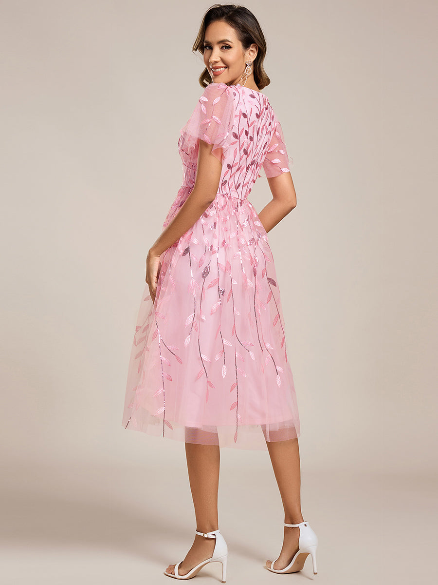 Color=PK | Exquisite Midi Length Ruffles Sleeve Tulle Sequin Dresses with Embroidery