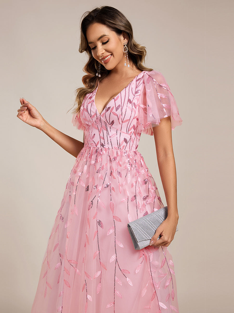 Color=PK | Exquisite Midi Length Ruffles Sleeve Tulle Sequin Dresses with Embroidery