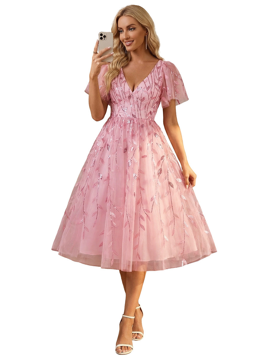 Color=PK | Exquisite Midi Length Ruffles Sleeve Tulle Sequin Dresses with Embroidery
