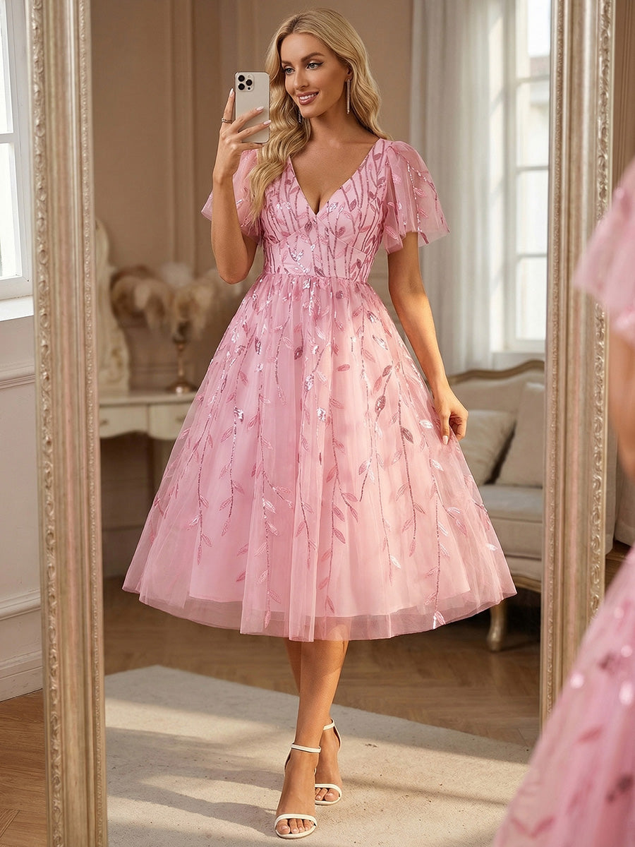 Color=PK | Exquisite Midi Length Ruffles Sleeve Tulle Sequin Dresses with Embroidery