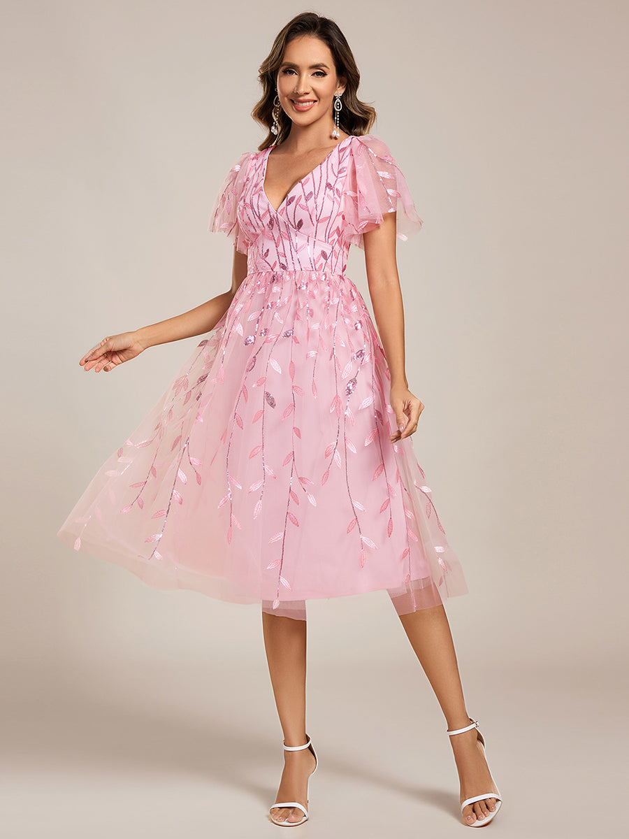 Color=PK | Exquisite Midi Length Ruffles Sleeve Tulle Sequin Dresses with Embroidery