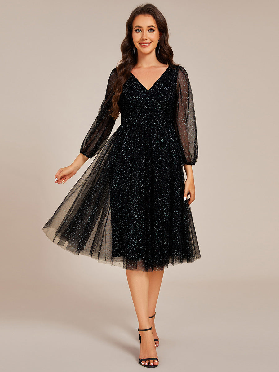 Exquisite See-Through Lantern Long Sleeve Midi Length Sequin Tulle Wed