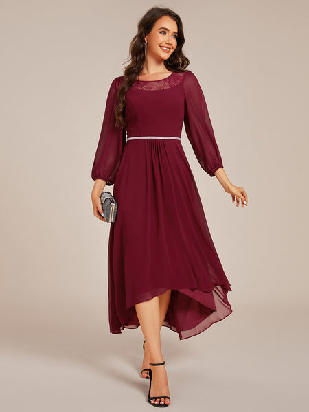 Elegant Round Neck Smocking Midi Length Chiffon Wedding Guest Dresses