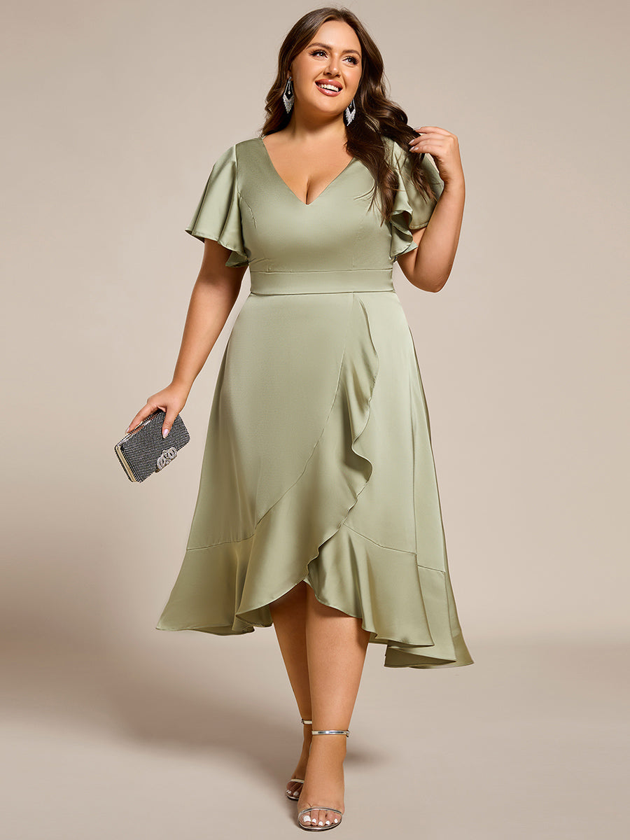 Color=Sage Green | Elegant Ruffles Sleeve Midi Length Satin Bridesmaid Dresses with Regular Fold Stream Asymmetrical Hem-Sage Green 1