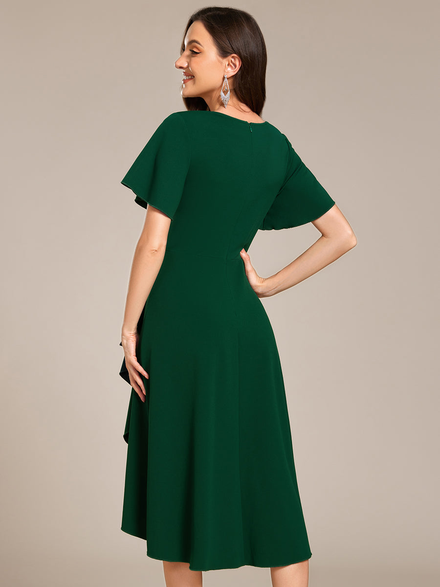Color=Dark Green | Elegant Midi Length ruffles sleeve Chiffon Wedding Guest Dresses with Regular Fold Stream-Dark Green 7