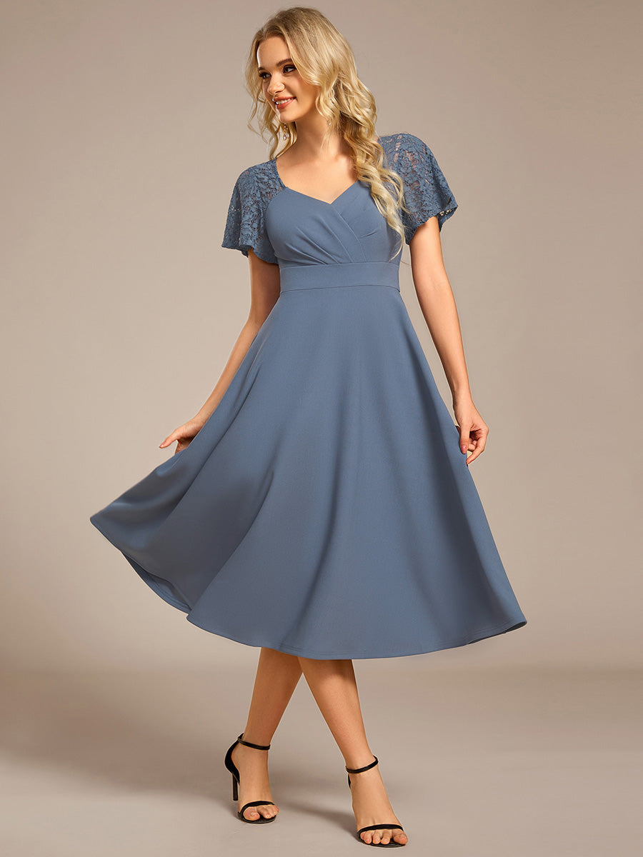 Color=Denim Blue | Short Sleeve Ruffle Sweetheart A-Line High Stretch Midi Wedding Guest Dress-Denim Blue 4