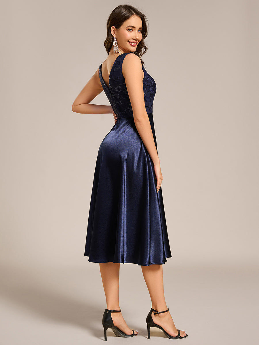 Color=Navy Blue | Strapless A-Line Midi Dress with Deep V-Neck Wedding Guest Dress-Navy Blue 2