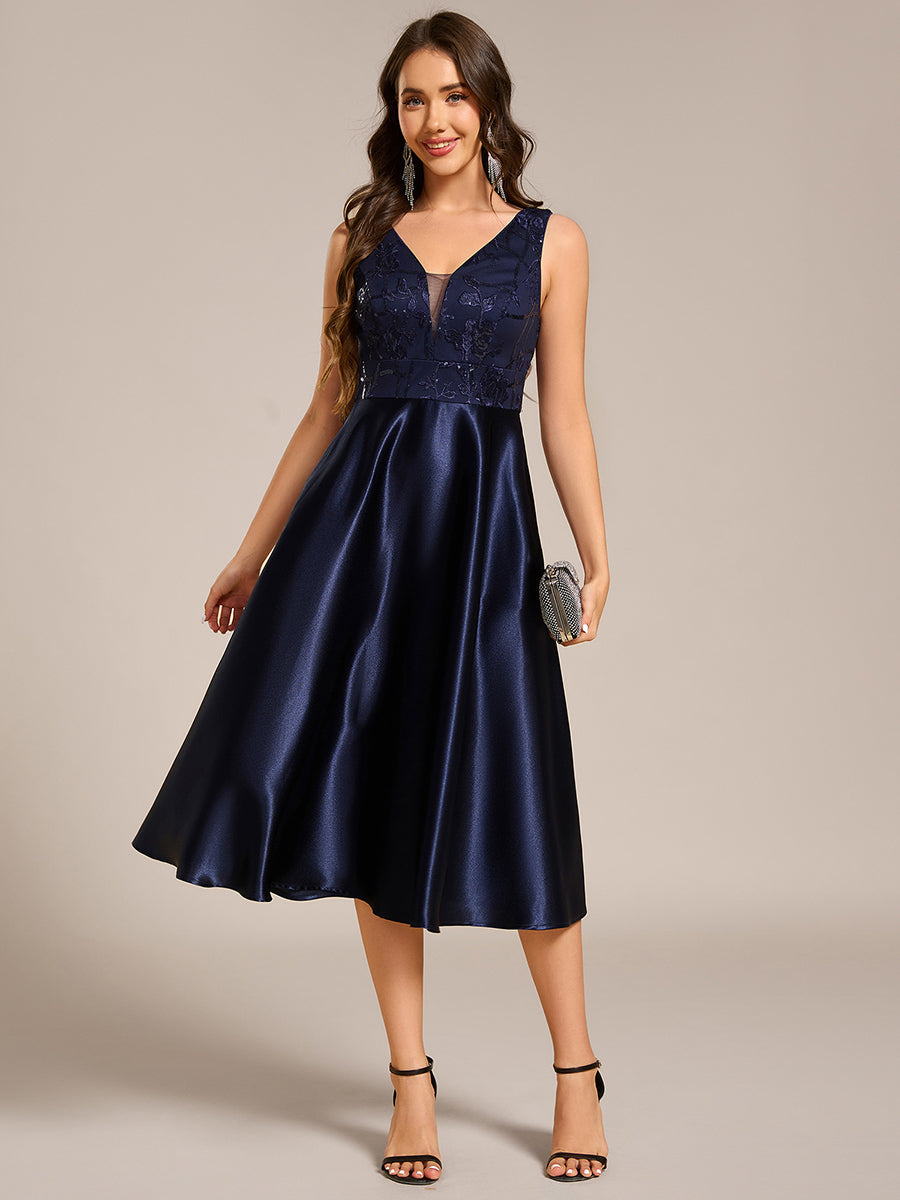 Color=Navy Blue | Strapless A-Line Midi Dress with Deep V-Neck Wedding Guest Dress-Navy Blue 4