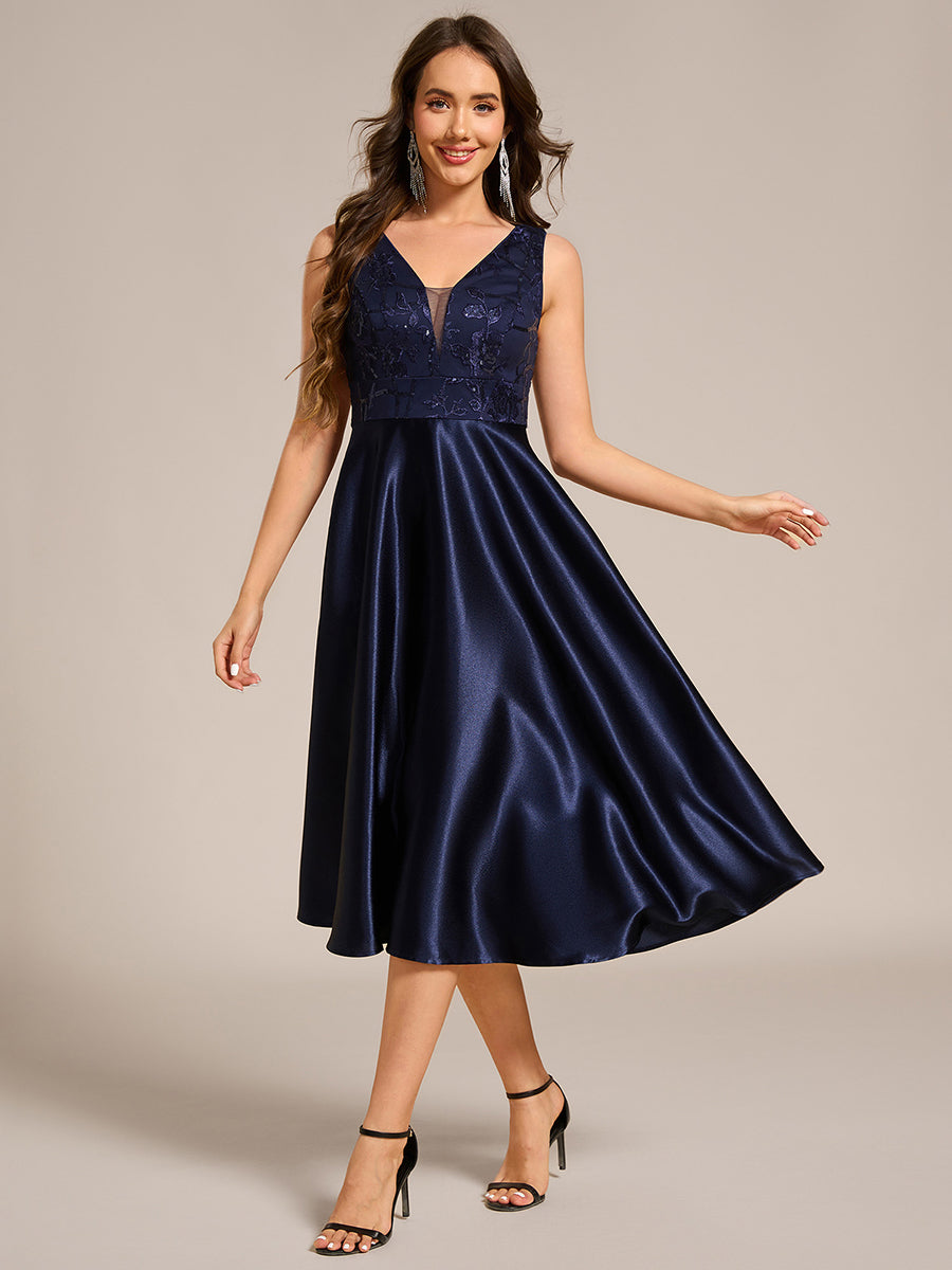 Color=Navy Blue | Strapless A-Line Midi Dress with Deep V-Neck Wedding Guest Dress-Navy Blue 5