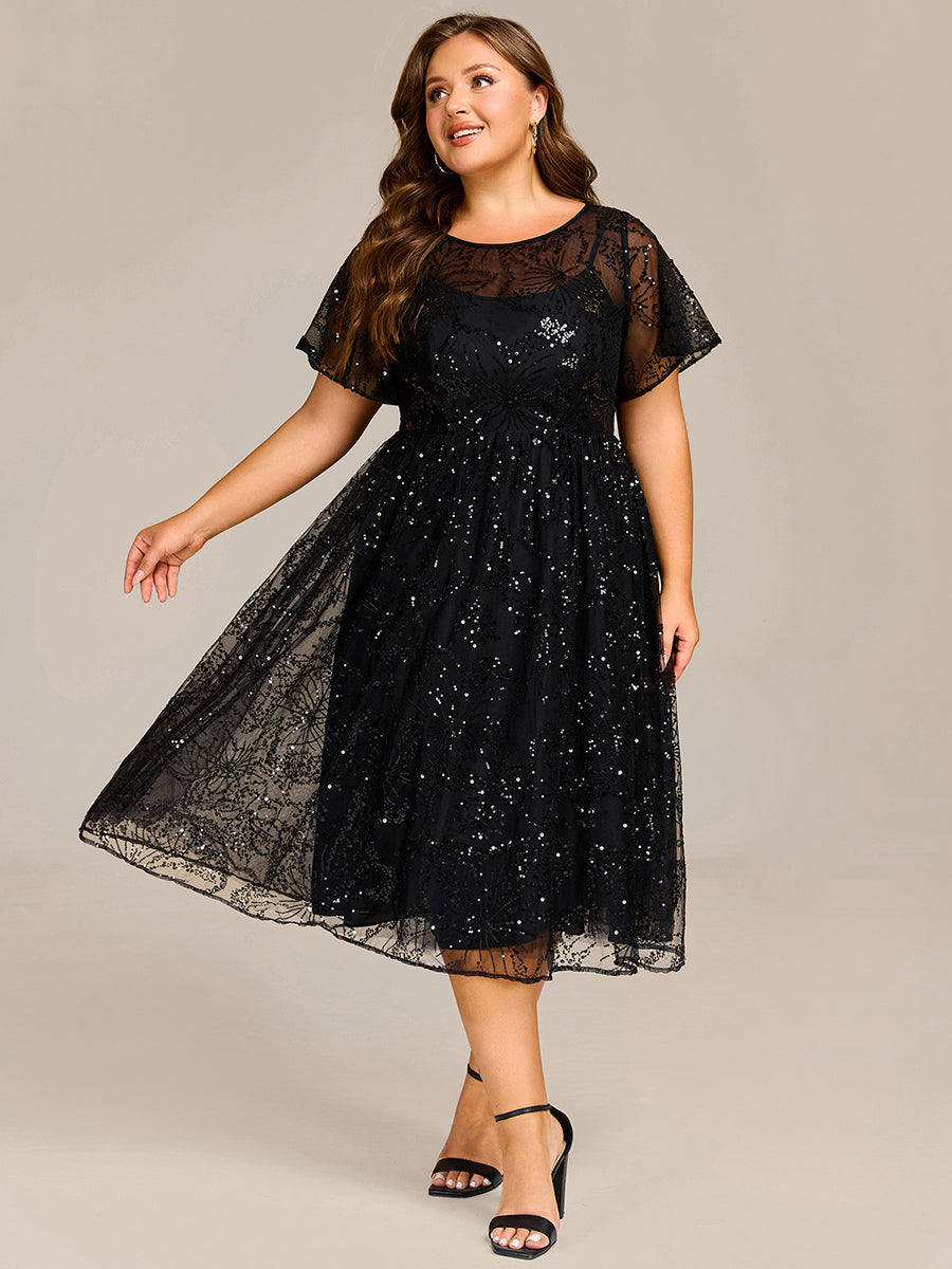 Color=Black | Factory Design Short Sleeve Ruffle Sheer Round Neck A-Line Midi Wedding Guest Dresses-Black 6