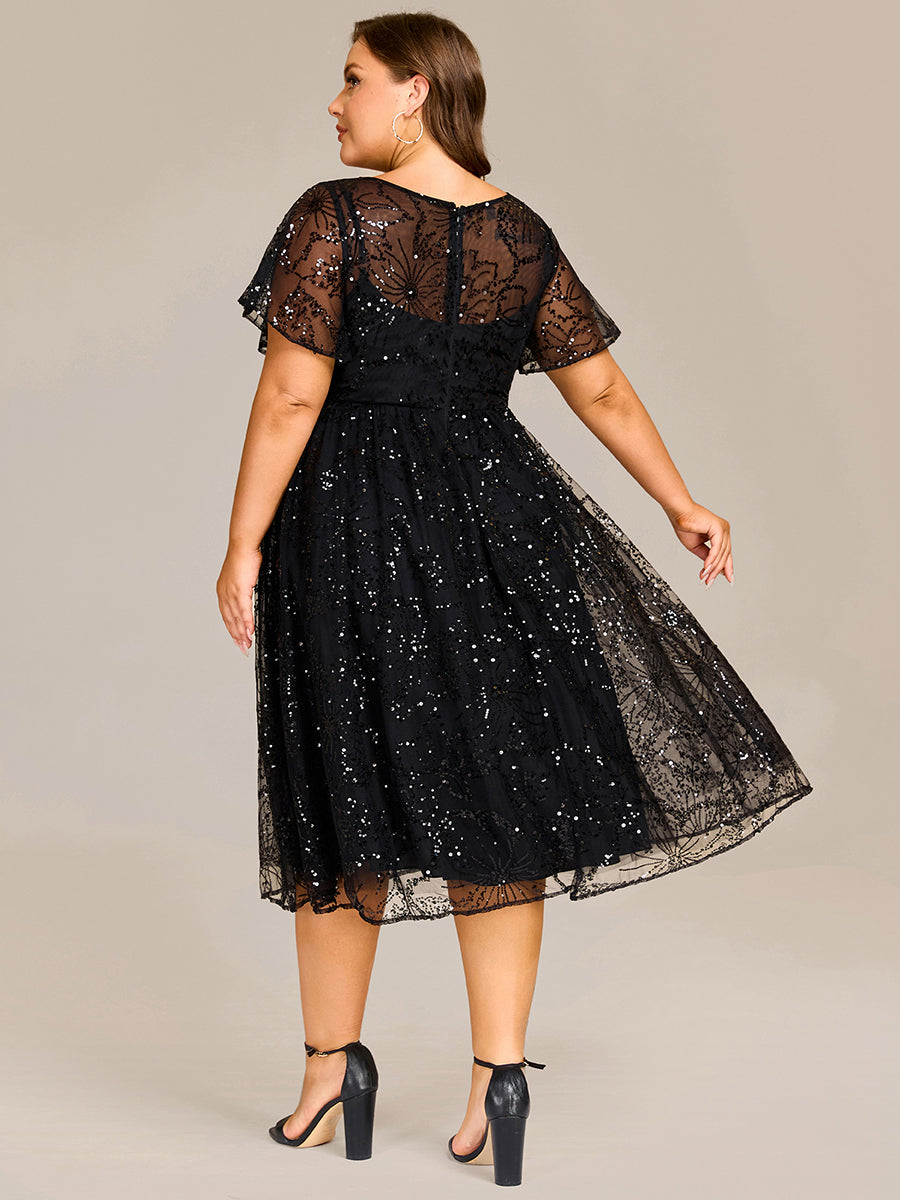 Color=Black | Factory Design Short Sleeve Ruffle Sheer Round Neck A-Line Midi Wedding Guest Dresses-Black 7