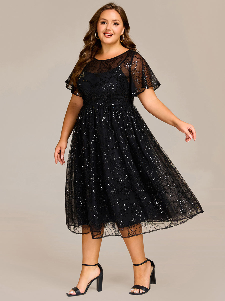 Color=Black | Factory Design Short Sleeve Ruffle Sheer Round Neck A-Line Midi Wedding Guest Dresses-Black 9