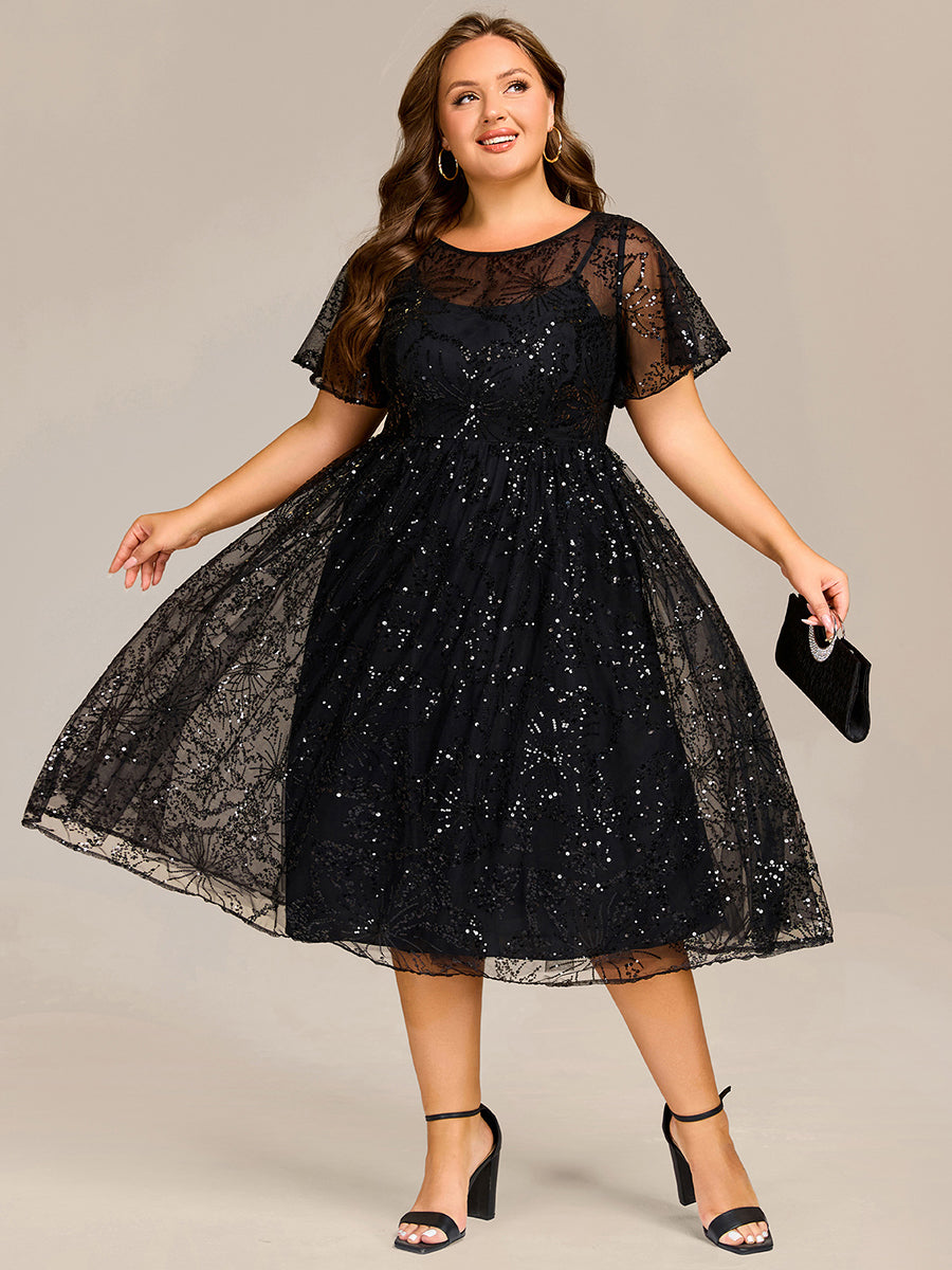 Color=Black | Factory Design Short Sleeve Ruffle Sheer Round Neck A-Line Midi Wedding Guest Dresses-Black 10
