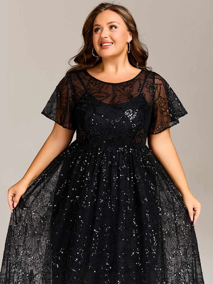 Color=Black | Factory Design Short Sleeve Ruffle Sheer Round Neck A-Line Midi Wedding Guest Dresses-Black 8