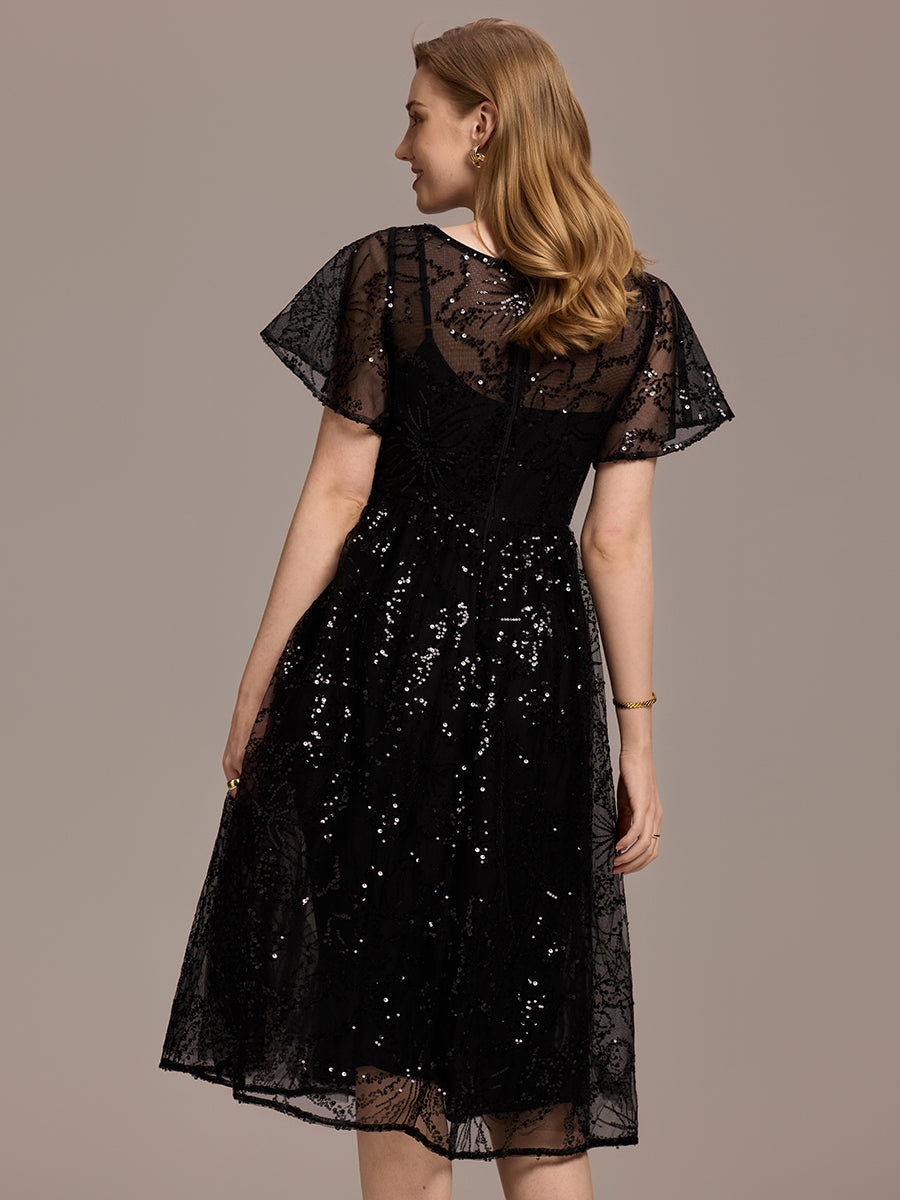 Color=Black | Factory Design Short Sleeve Ruffle Sheer Round Neck A-Line Midi Wedding Guest Dresses-Black 2