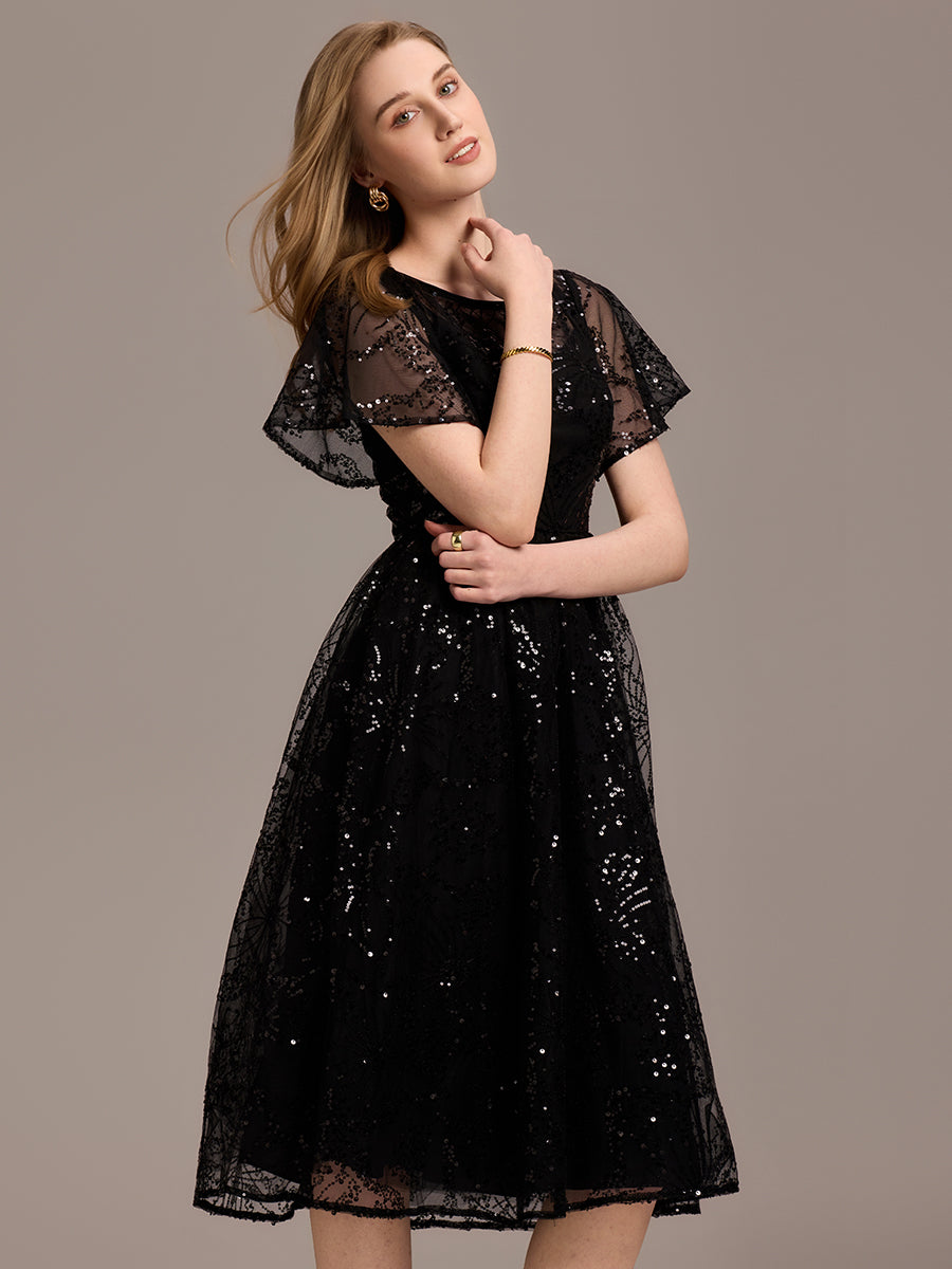 Color=Black | Factory Design Short Sleeve Ruffle Sheer Round Neck A-Line Midi Wedding Guest Dresses-Black 4