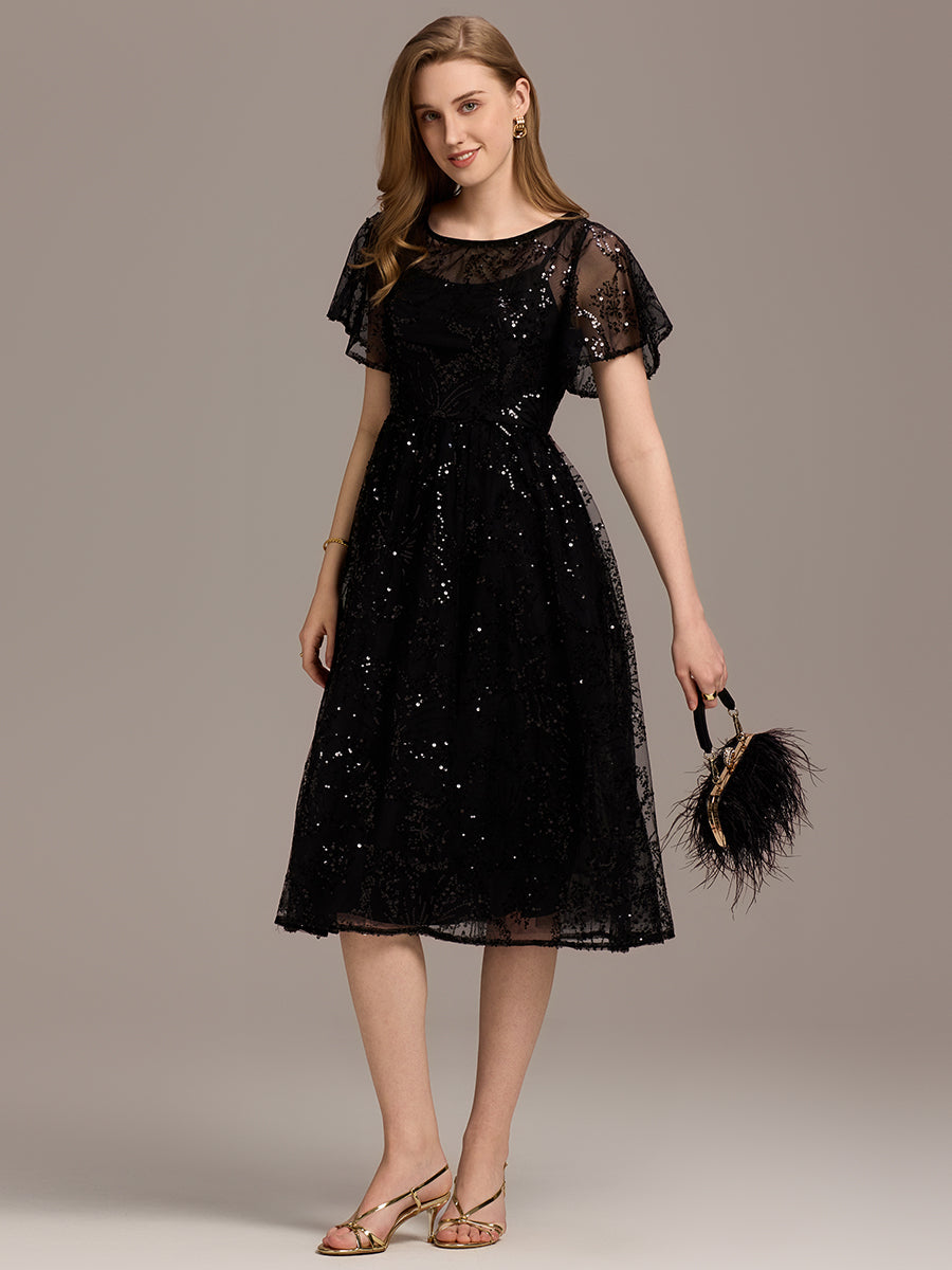 Color=Black | Factory Design Short Sleeve Ruffle Sheer Round Neck A-Line Midi Wedding Guest Dresses-Black 5