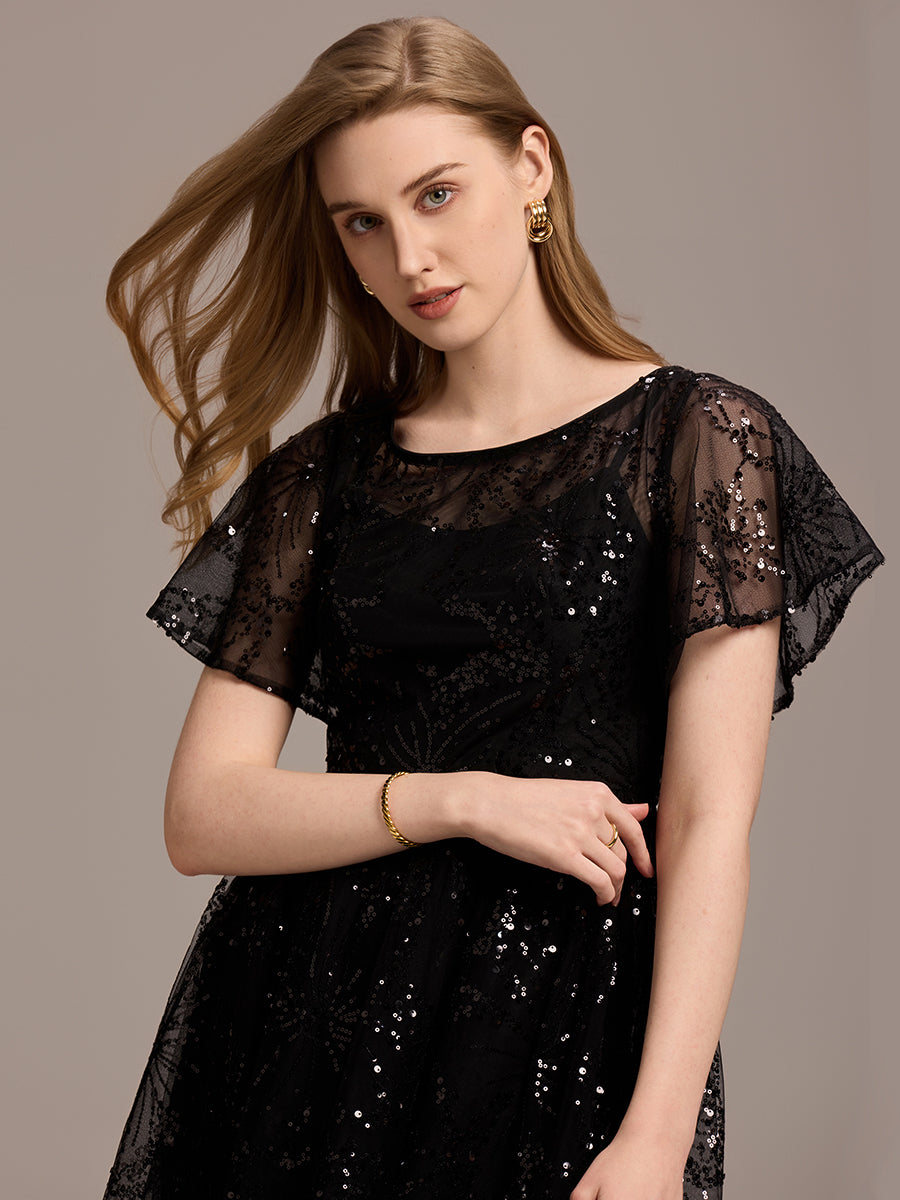Color=Black | Factory Design Short Sleeve Ruffle Sheer Round Neck A-Line Midi Wedding Guest Dresses-Black 3