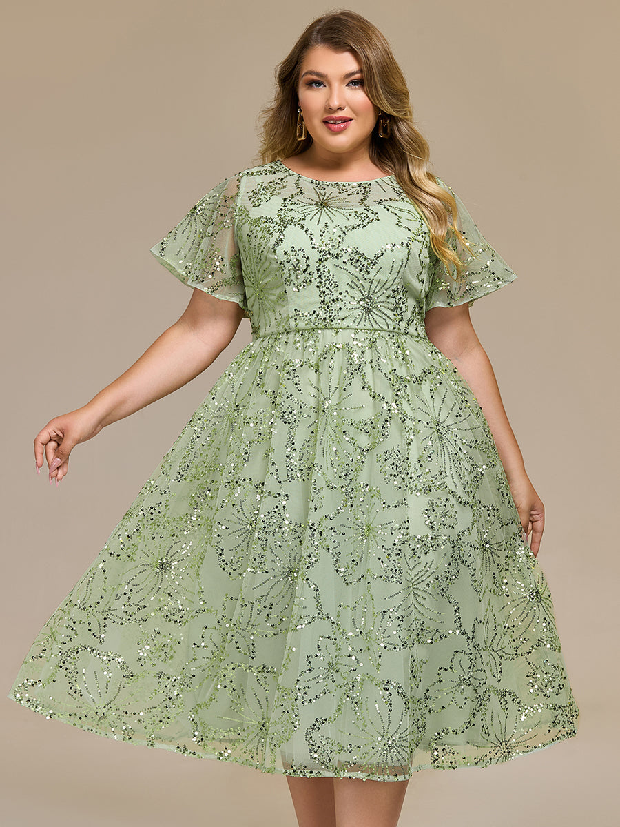 Color=Mint Green | Factory Design Short Sleeve Ruffle Sheer Round Neck A-Line Midi Wedding Guest Dresses-Mint Green 16