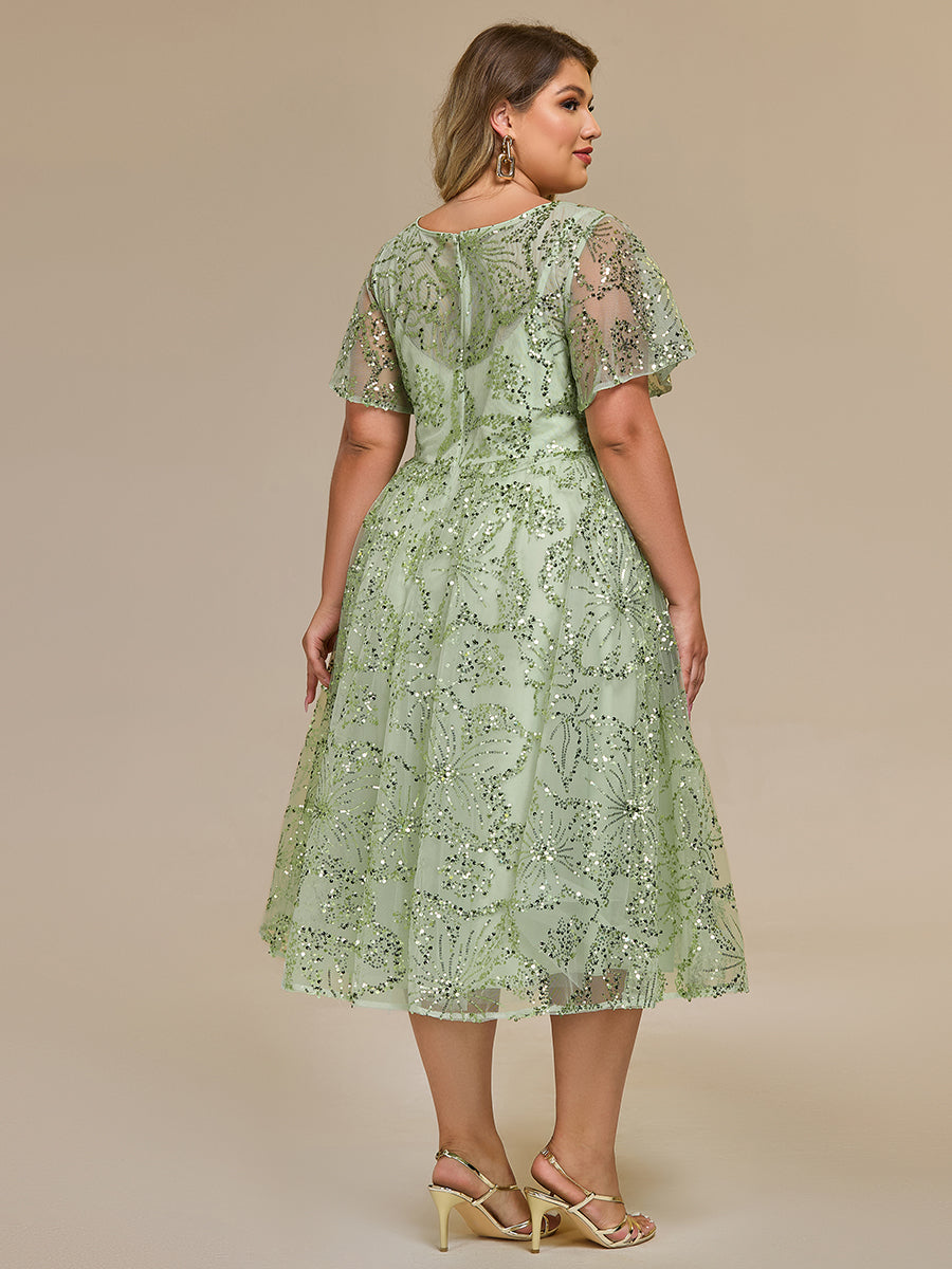 Color=Mint Green | Factory Design Short Sleeve Ruffle Sheer Round Neck A-Line Midi Wedding Guest Dresses-Mint Green 17