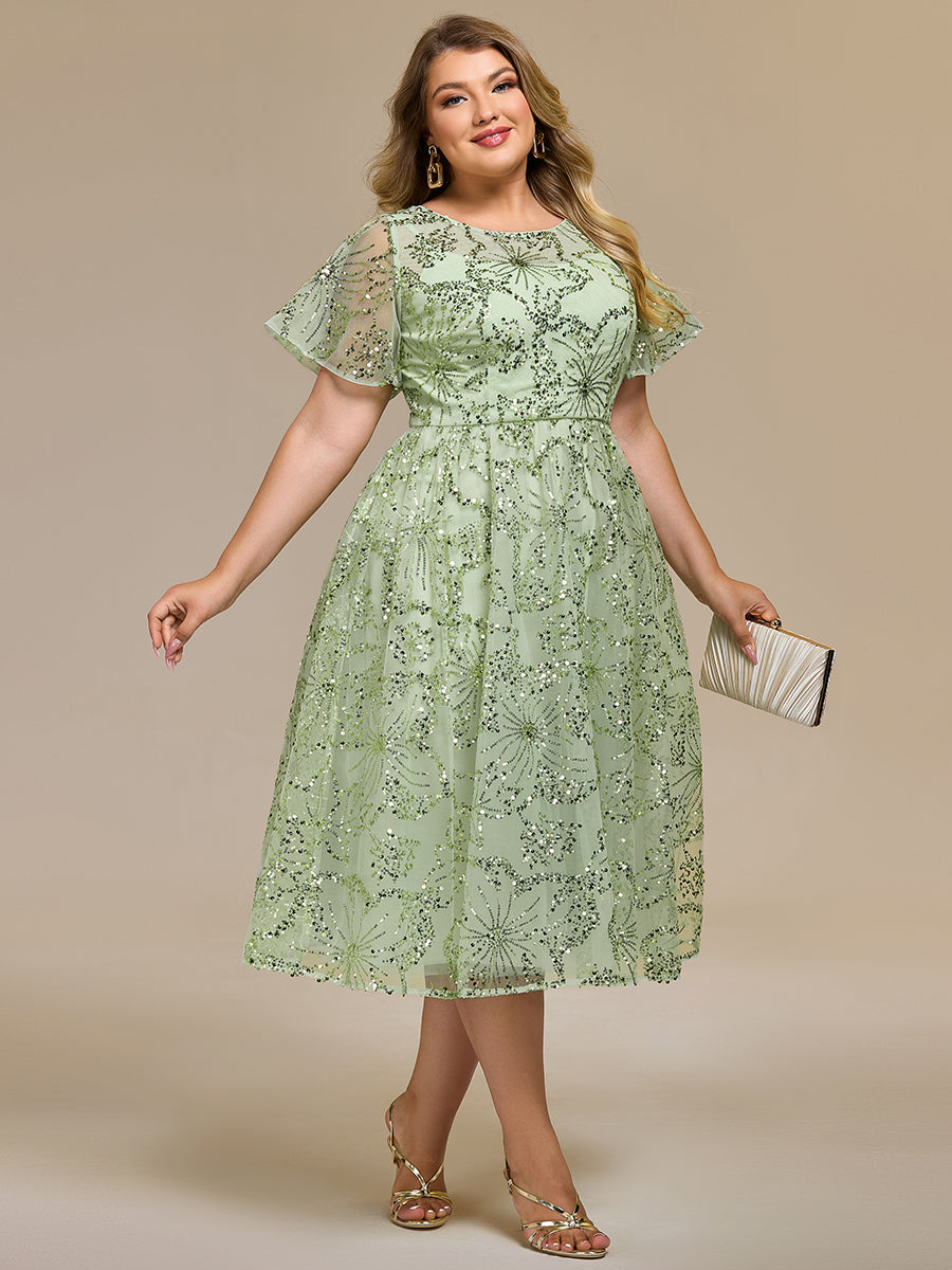 Color=Mint Green | Factory Design Short Sleeve Ruffle Sheer Round Neck A-Line Midi Wedding Guest Dresses-Mint Green 19