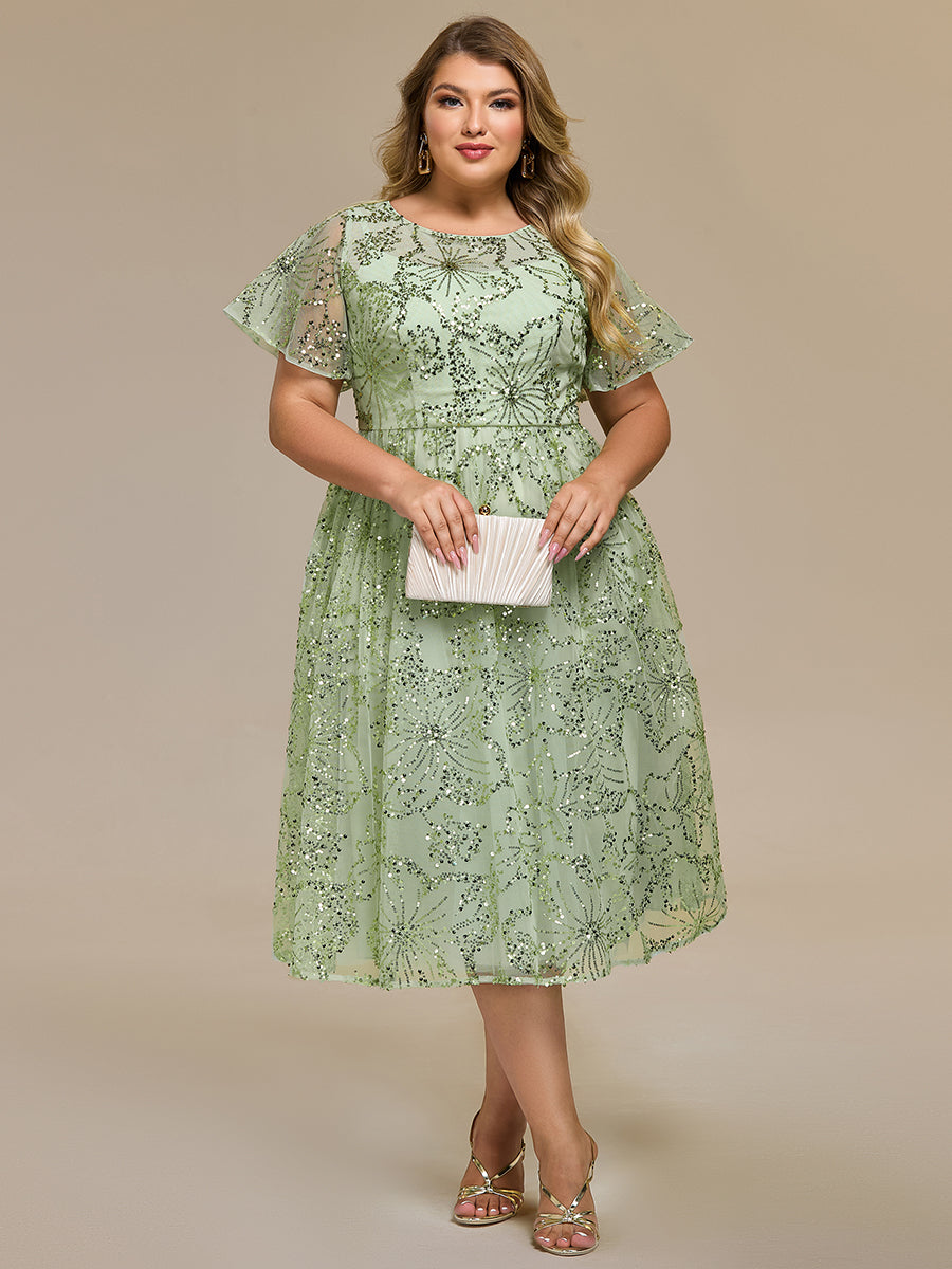 Color=Mint Green | Factory Design Short Sleeve Ruffle Sheer Round Neck A-Line Midi Wedding Guest Dresses-Mint Green 20