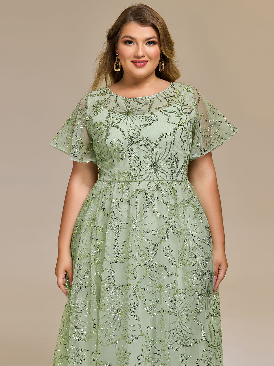 Color=Mint Green | Factory Design Short Sleeve Ruffle Sheer Round Neck A-Line Midi Wedding Guest Dresses-Mint Green 18