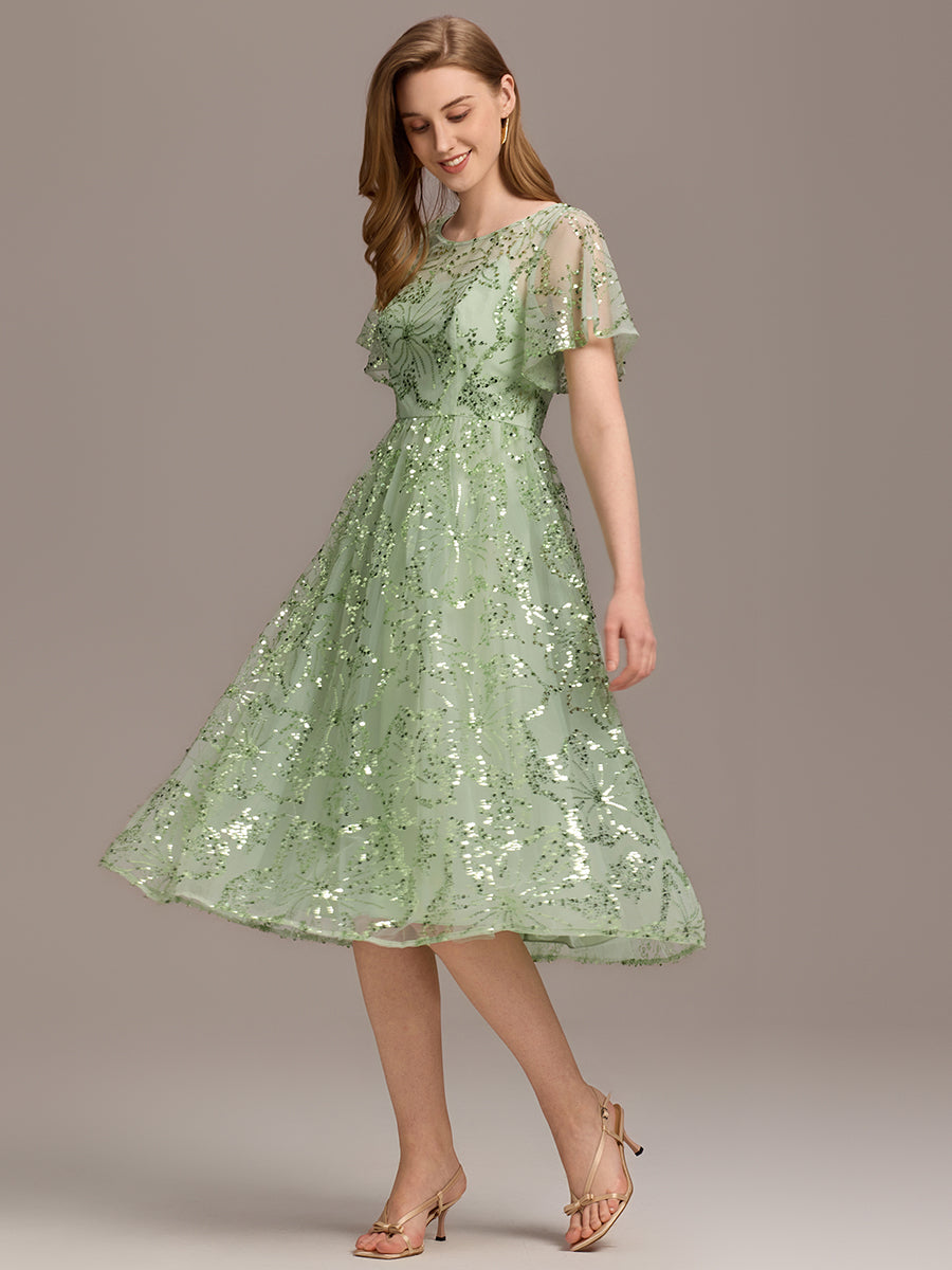 Color=Mint Green | Factory Design Short Sleeve Ruffle Sheer Round Neck A-Line Midi Wedding Guest Dresses-Mint Green 14