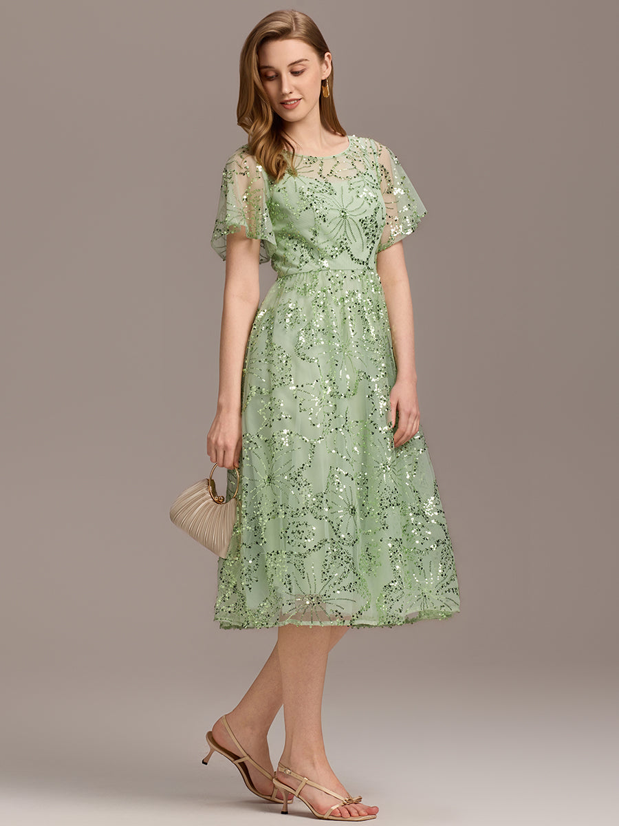 Color=Mint Green | Factory Design Short Sleeve Ruffle Sheer Round Neck A-Line Midi Wedding Guest Dresses-Mint Green 15