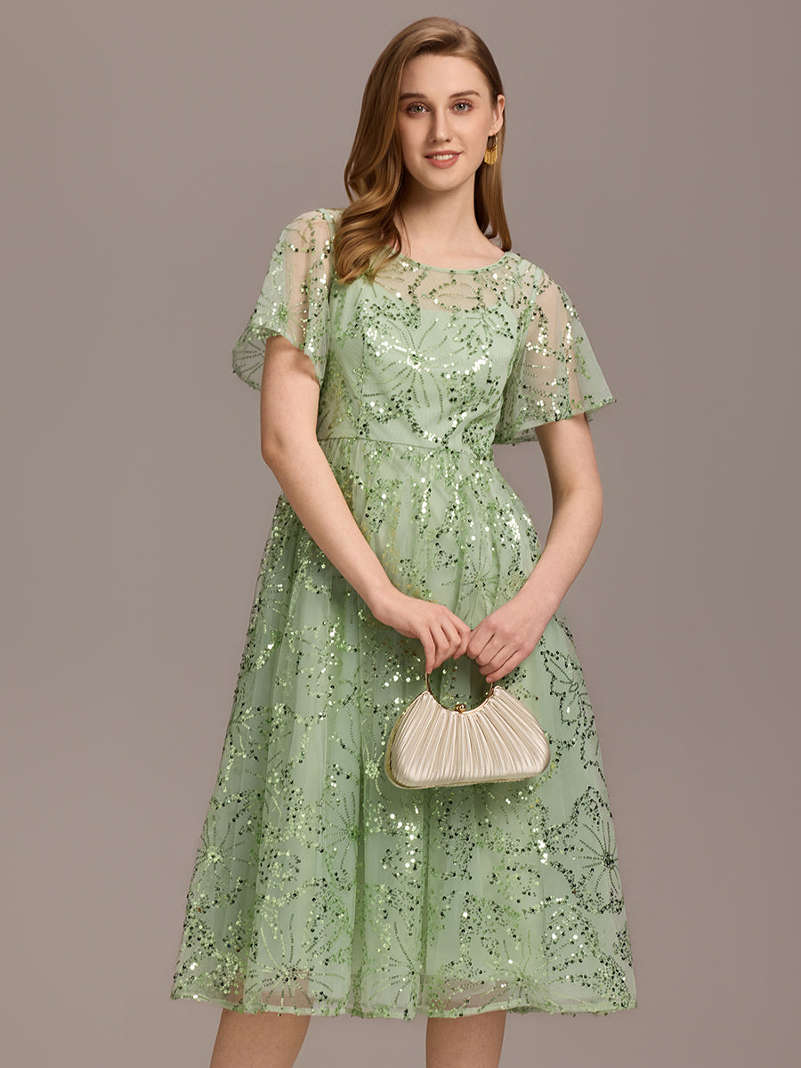 Color=Mint Green | Factory Design Short Sleeve Ruffle Sheer Round Neck A-Line Midi Wedding Guest Dresses-Mint Green 13