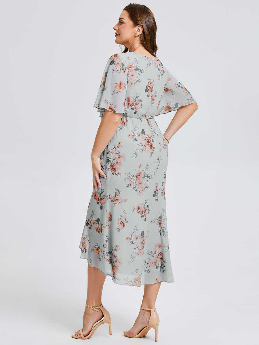 Color=Amber Bloom | Wholesale Pricing Plus Size Short Sleeve Ruffle V-Neck Fishtail High-Low Wedding Guest Dresses-Amber Bloom 2