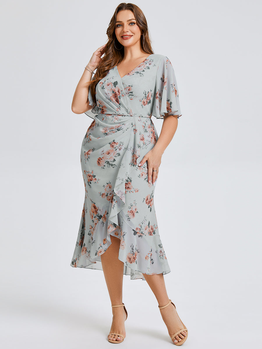 Color=Amber Bloom | Wholesale Pricing Plus Size Short Sleeve Ruffle V-Neck Fishtail High-Low Wedding Guest Dresses-Amber Bloom 4