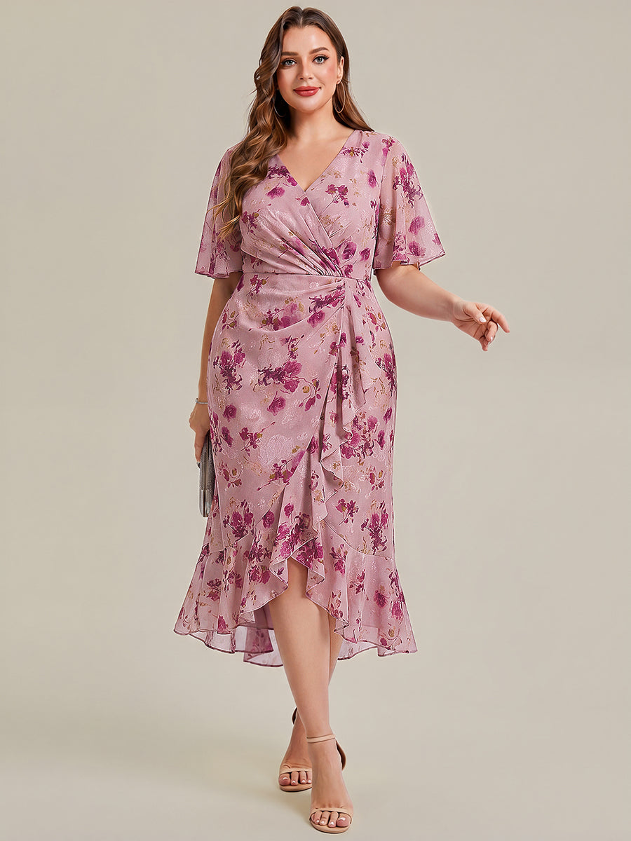 Color=Light Purple Print | Wholesale Pricing Plus Size Short Sleeve Ruffle V-Neck Fishtail High-Low Wedding Guest Dresses-Light Purple Print 6