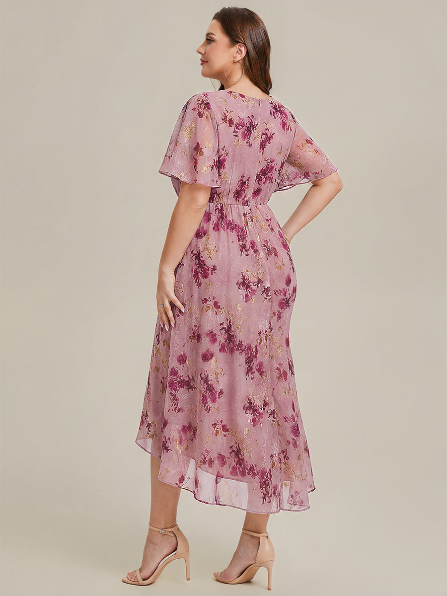Color=Light Purple Print | Wholesale Pricing Plus Size Short Sleeve Ruffle V-Neck Fishtail High-Low Wedding Guest Dresses-Light Purple Print 7