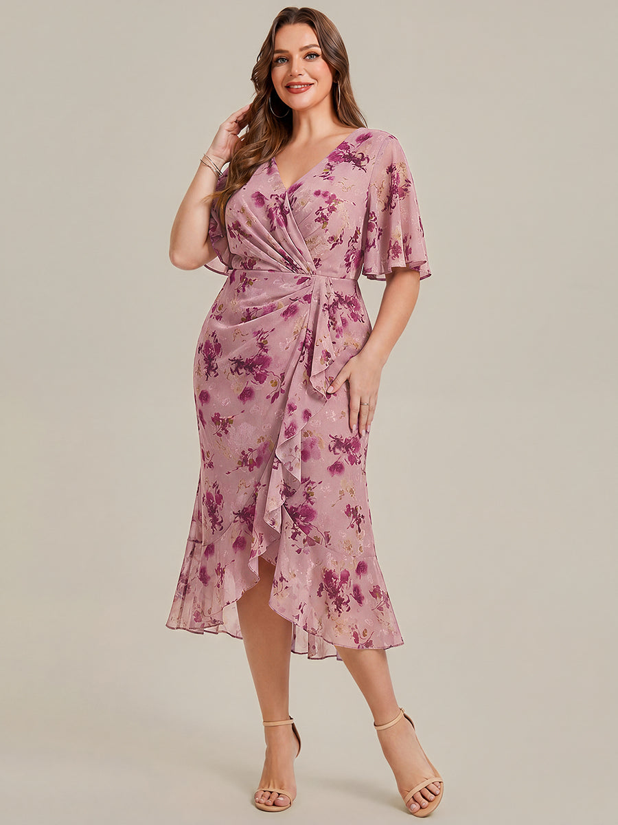 Color=Light Purple Print | Wholesale Pricing Plus Size Short Sleeve Ruffle V-Neck Fishtail High-Low Wedding Guest Dresses-Light Purple Print 9