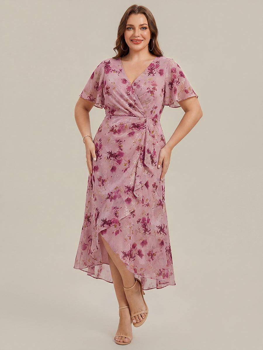 Color=Light Purple Print | Wholesale Pricing Plus Size Short Sleeve Ruffle V-Neck Fishtail High-Low Wedding Guest Dresses-Light Purple Print 10