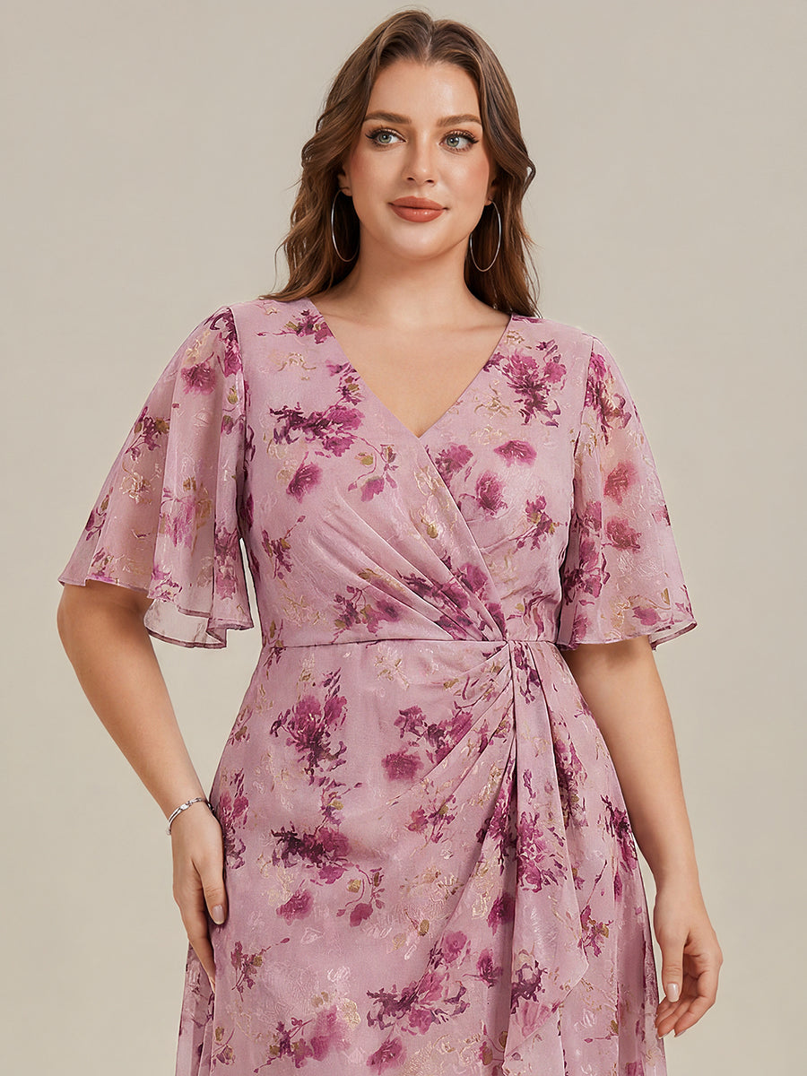 Color=Light Purple Print | Wholesale Pricing Plus Size Short Sleeve Ruffle V-Neck Fishtail High-Low Wedding Guest Dresses-Light Purple Print 8