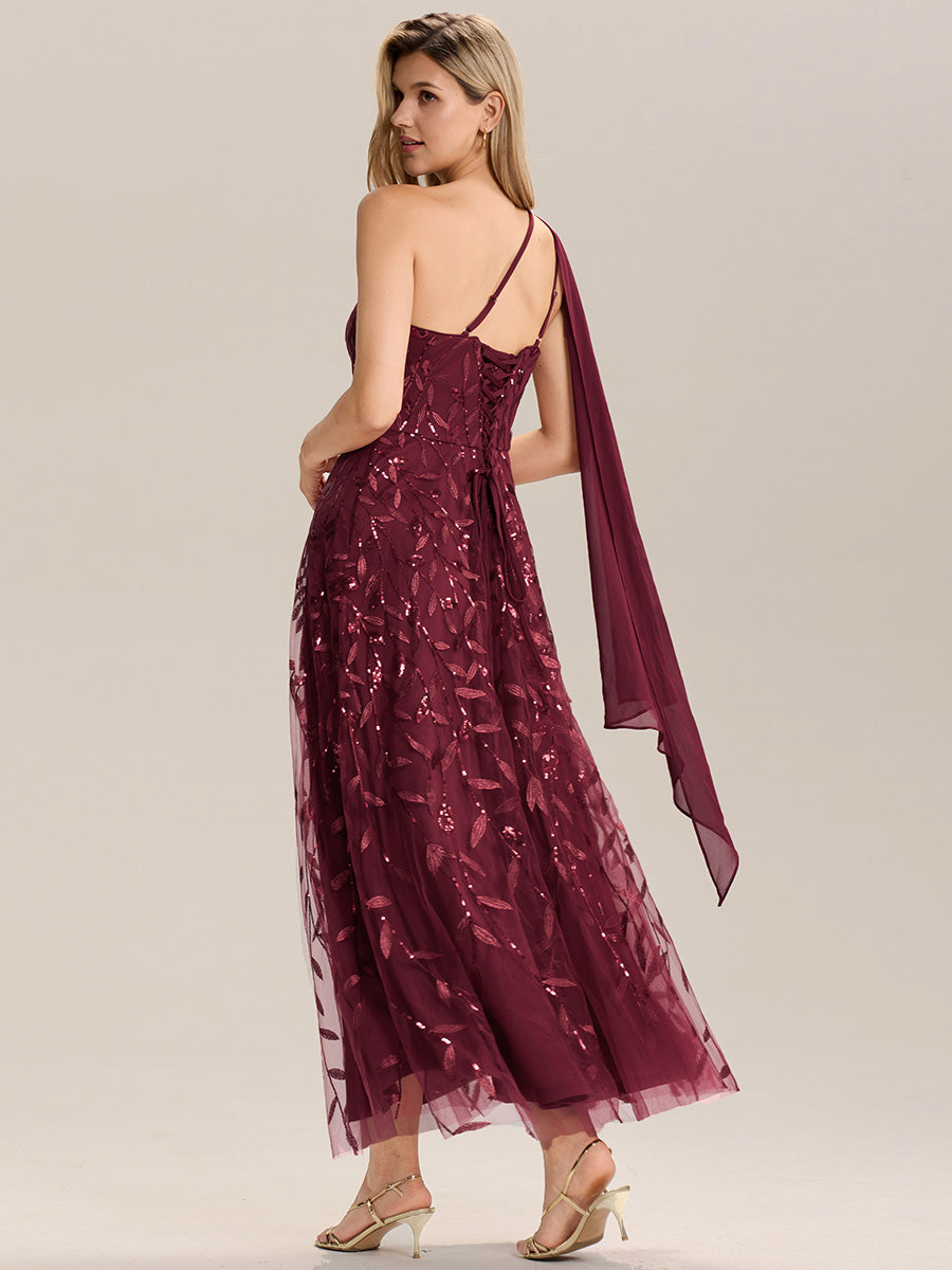 Color=Burgundy | B2B-Exclusive One Shoulder Sleeveless Sequin A-Line Maxi Wedding Guest Dress-Burgundy 2